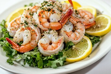 Wall Mural - Fresh shrimp served on a white plate with lemon slices