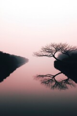 Wall Mural - Tree reflected on a lake at dawn, pink sky. Tranquil and serene scenery