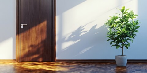 Poster - A small potted plant is placed in front of a rustic wooden door, with a simple and cozy atmosphere