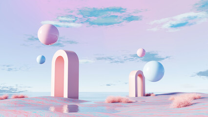 Wall Mural - 3D render, Dreamy surreal landscape with pastel arches and floating spheres in serene environment