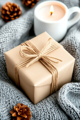 Wall Mural - brown box with a ribbon tied around it is sitting on a blanket. a candle is lit next to the box