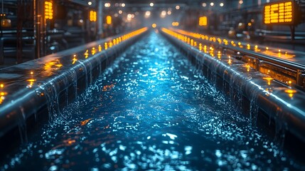 Poster - Futuristic Factory Recycling Wastewater into Glowing Clean Water Droplets with Holographic Efficiency Metrics