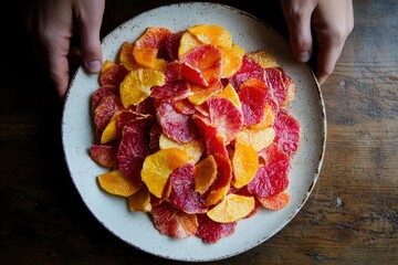 Wall Mural - Person holding a plate of orange slices on wood table, possible food blog image