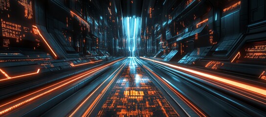 glowing particles and binary code on an abstract blue it background