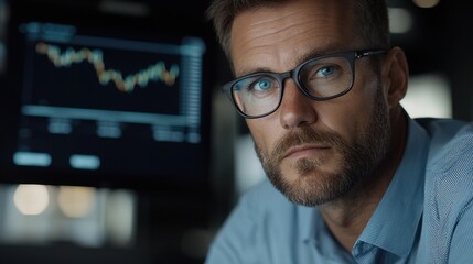 Poster - A man wearing glasses is looking at a computer screen with a graph on it