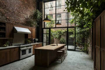 Wall Mural - Interior kitchen with wooden island, cooking, brick wall, and trees outside window