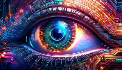 abstract electric circuit close up of digital robotic eye, technology and medical science concept