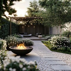 Poster - Backyard patio fire pit with pergola, evening light, lush landscaping