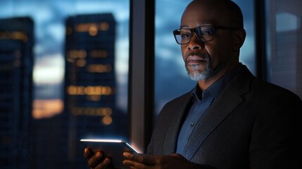 Poster - A man in a suit is holding a tablet in his hand
