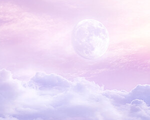 Aufkleber - A serene full moon glowing in the soft pink and purple sky above a bed of clouds, symbolizing tranquility, beauty, and celestial wonder.