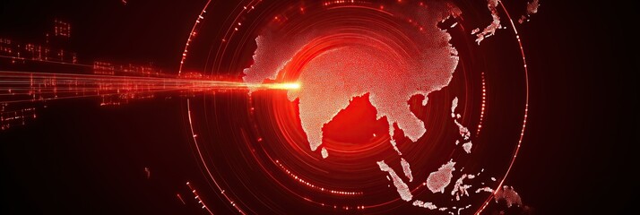 Aufkleber - vivid stylized representation of Asia illuminated with bright red light symbolizing data transmission and technological communication networks