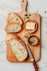 Wall Mural - Sliced bread, butter, and salt on wood board for preparing a breakfast meal