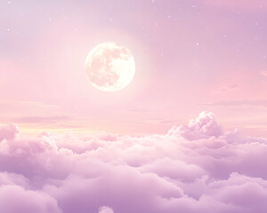 Poster - A glowing full moon rises above a sea of soft, purple clouds, evoking a serene, dreamy atmosphere, and symbolizing tranquility and calmness.