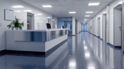 Poster - A large, empty hospital hallway with a reception desk in the middle