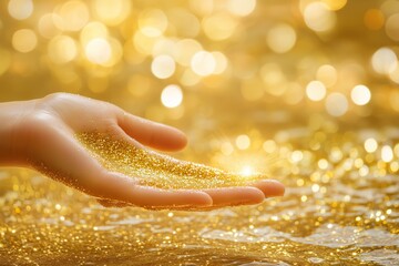 Aufkleber - Hand holding shimmering gold glitter with golden bokeh background feeling of luxury magic and wonder