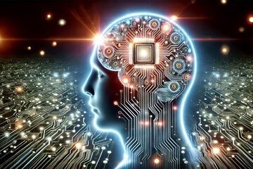Fototapete - Human head silhouette with electronic circuit and cpu, representing artificial intelligence processing data