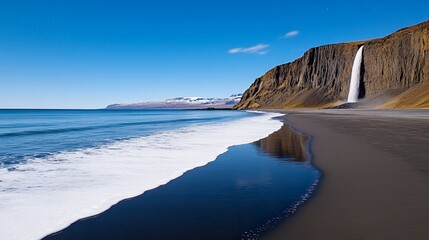 Wall Mural - Majestic Black Sand Beach Surrounded by Towering Cliffs and Waterfall