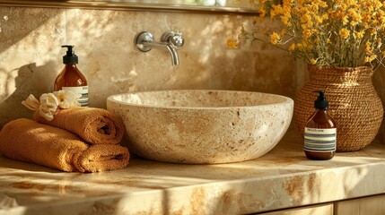 Poster - Beige stone bathroom sink, towels, and flowers;  natural light