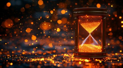 Wall Mural - A digital hourglass with glowing orange sand, surrounded by a soft bokeh of warm lights, creating a minimalistic and modern atmosphere