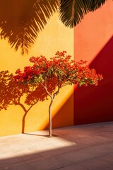 Wall Mural - Flowering tree contrasts colorful building wall, casting shadows, for travel ads