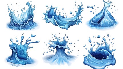 Poster - Dramatic blue water splashes waves and flows in dynamic energetic movements creating abstract natural patterns and shapes