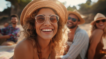 Happy woman with friends enjoying a sunny beach day