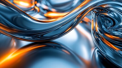 Poster - Abstract liquid metal swirl, blue orange glow, reflective surface, design element