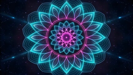 Poster - Neon Mandala Art | Cosmic Geometric Pattern | Psychedelic Fractal Design | Futuristic Cyber Aesthetic | Glowing Symmetry | Abstract Digital Artwork | Vibrant Energy | Galactic Light Flower |