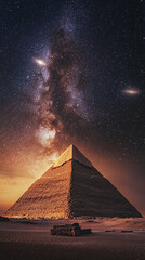 Poster - Pyramid of Giza under a starry night sky with the Milky Way galaxy above, showcasing the ancient wonders of Egypt and the vast cosmos