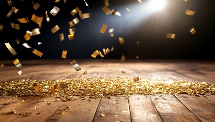 Wall Mural - Golden confetti falling onto a wooden stage with dramatic lighting (1)