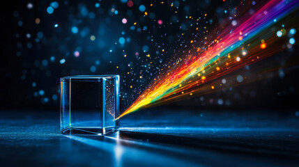 Poster - A crystal-clear cube refracts light, creating a stunning rainbow spectrum against a dark backdrop, enchanting with its vivid colors and shimmering particles, captivating the essence of light.