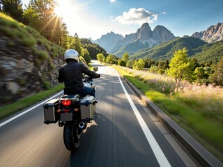 Fototapete - High speed motorcycle ride along a winding mountain highway on a sunny spring day