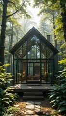 Wall Mural - A stunning glass house nestled deep in a lush forest, surrounded by towering trees and vibrant greenery