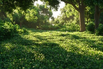 Wall Mural - Sunlight streams through lush green field in forest, idyllic background. Use in nature