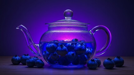 Wall Mural - A glass teapot filled with blueberries, set against a purple background, showcasing a minimalistic and vibrant aesthetic