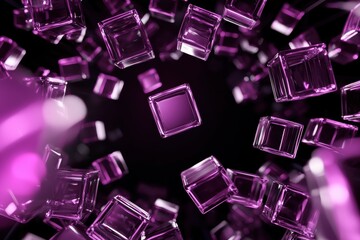 Poster - Digital sci-fi environment with floating transparent cubes, purple neon glow, high-speed motion effect, deep perspective
