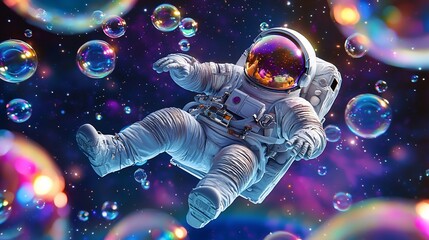 Aufkleber - Astronaut floats amidst colorful bubbles in space