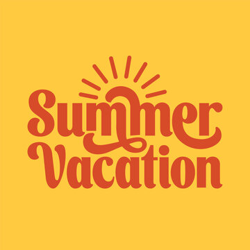 Summer vacation banner design with sun icon on yellow background. Summer logotype sticker for poster, template, flyer, greeting card, t shirt print. Editable text vector illustration.