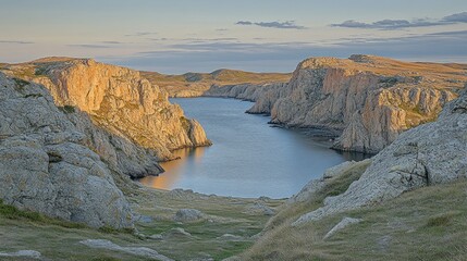 Wall Mural - Coastal Cove at Sunset, Rocky Cliffs, Serene Landscape