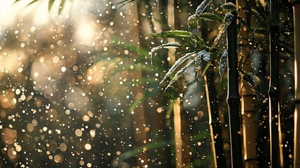 Poster - Bamboo forest rain droplets sunlit bokeh