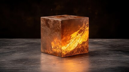 Poster - A beautifully crafted glowing amber cube stands against a dark backdrop, showcasing intricate patterns and textures that captivate and intrigue the viewer's eye.