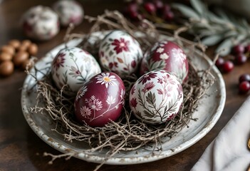 Hand-painted, colored botanical red and white eggs with silver accents, arranged elegantly on the table