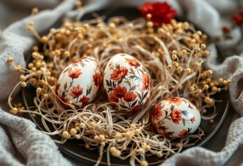 Hand-painted, single-colored botanical red eggs for elegant decor, accented with gold on the table