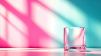 Poster - A striking image of a transparent glass capturing the interplay of pink and blue light, creating a harmonious atmosphere that evokes modern elegance and artistic expression.