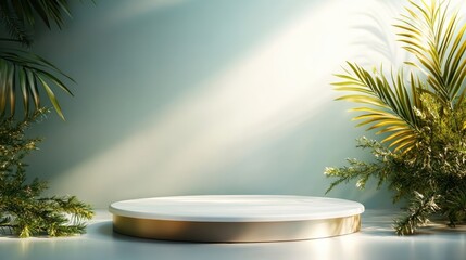 Poster - A serene minimalist scene featuring a circular platform illuminated by soft light, surrounded by lush green plants, evoking a sense of calm and tranquility in a modern aesthetic.