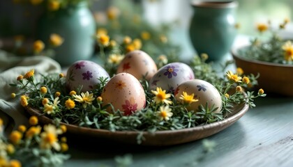 Wall Mural - Colored eggs for elegant decor on the table with yellow spring flowers and details