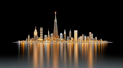 Wall Mural - Golden City Skyline with Reflections on Dark Background at Night