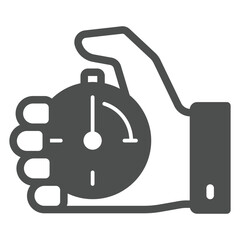 Stopwatch button turn on solid icon, timer ticking concept. Vector graphics. Clock in hand sign on white background, glyph style icon for mobile or web design.