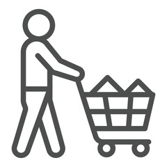 Poster - Man with shopping cart line icon, consumer buyer concept. Vector graphics. Human and full trolley sign on white background, outline style icon for mobile or web design.