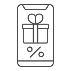 Poster - Smartphone with discount box thin line icon, shopping online concept. Vector graphics. Phone screen online shop sign on white background, outline style icon for mobile or web design.